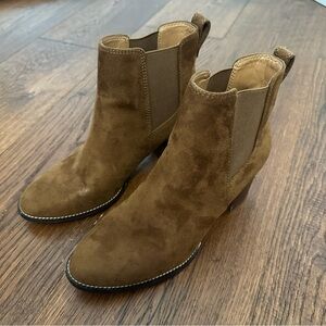 J Crew Vegan Suede Chelsea Ankle Bootie Slip On Stacked Wood Heel